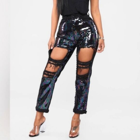 CELLO Black Sequins Distressed Skinny Jeans Size 9 Party Y2K Club - Picture 3 of 10